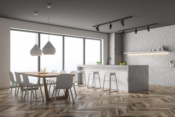 Panoramic white kitchen corner with bar and table