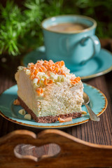 Closeup of homemade meringue served in blue porcelain