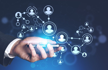 Man hand with smartphone, people network interface
