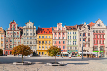 Beautiful historical tenement houses at Old Market Square in the Old Town in Wroclaw, Poland. - 236506651