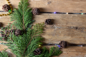 New Year's background with gifts, conifer branches.
