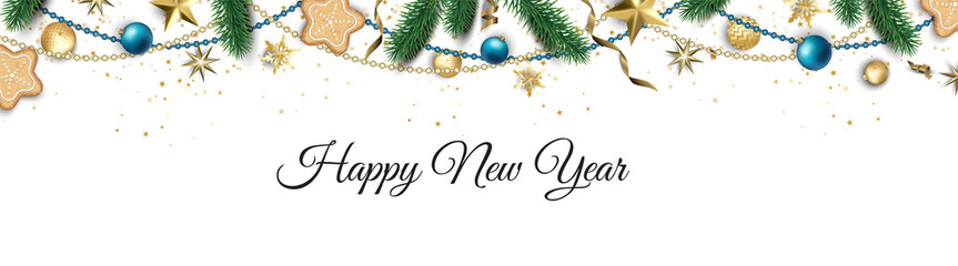 Banner with Christmas balls and stars. Great for New year party posters, headers.