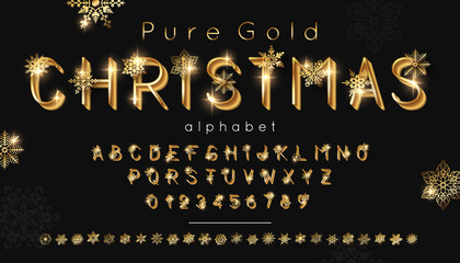 Vector Christmas gold font and alphabet. Vector illustration