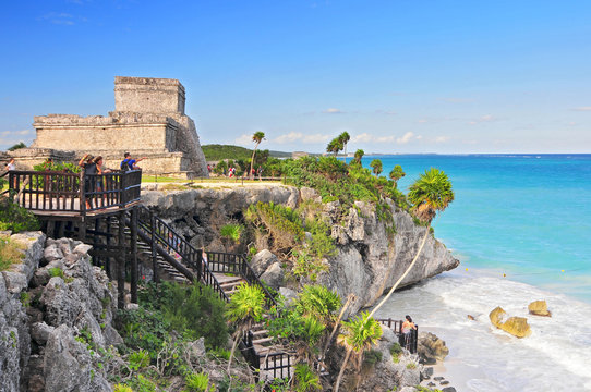 Tulum, the site of a pre Columbian Mayan walled city serving as a major port for Coba, in the Mexico state of Quintana Roo.
