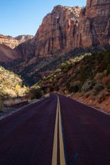 Scenic road in the Canyons during a sunny summer day. Taken in Zion National Park, Utah, United States.