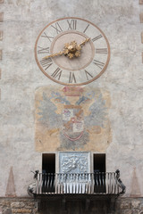 Bergamo clock tower. Torre Dell'Orologio in Piazza della Cittadella. Upper town of Bergamo, Italy