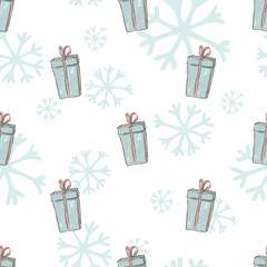 Seamless vector holiday pattern. Beautiful gift box with ribbon. Sketch style. Christmas illustration of present on white background.