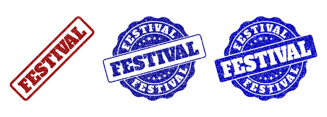 FESTIVAL grunge stamp seals in red and blue colors. Vector FESTIVAL signs with grunge effect. Graphic elements are rounded rectangles, rosettes, circles and text captions.