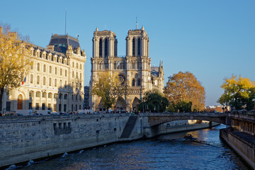 Fototapeta na wymiar Paris, France - November 18, 2018: Notre Dame cathedral and river Seine in Paris