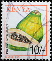 Papaya fruit on postage stamp of Kenya