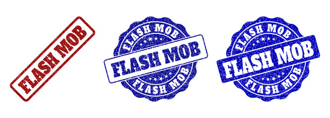 Obraz premium FLASH MOB grunge stamp seals in red and blue colors. Vector FLASH MOB labels with grainy effect. Graphic elements are rounded rectangles, rosettes, circles and text labels.