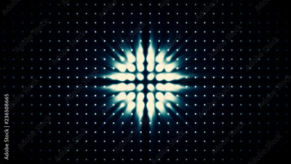 Poster bright blue floodlights flashing and growing larger or smaller in circle shape. black background wit