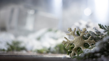 New Year's background with gifts, conifer branches.