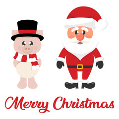 Fototapeta na wymiar cartoon christmas santa claus with christmas cartoon cute pig in hat and christmas text