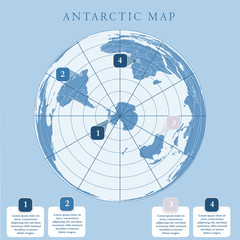 Antarctida, Antarctic region and South Pole map. Blue background.