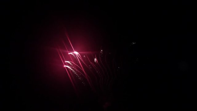 Semicircle of purple, red, white firework element on black background.
