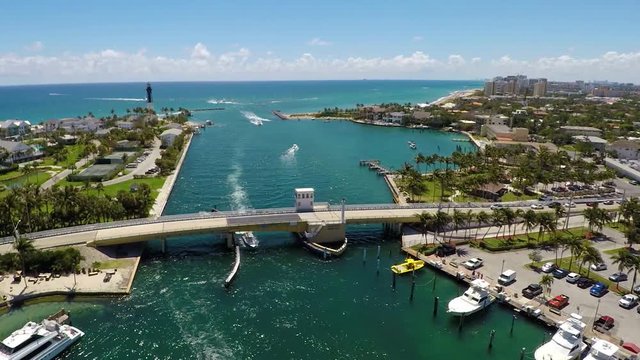 Hillsboro Inlet Draw Bridge Aerial Fly to Ocean