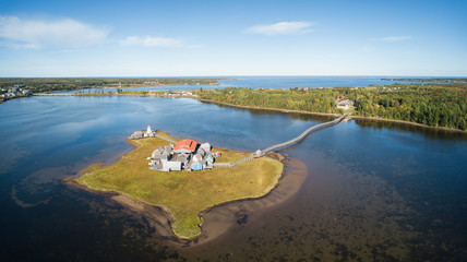 Aerial panoramic view of Pays de la Sagouine, Bouctouche, New Brunswick, Canada.