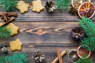 Christmas holiday background. Spay for text. Free space. Brown table.