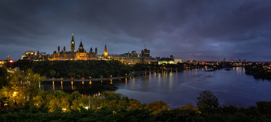 Panoramic view of Downtown Ottawa and the Parliament of Canada. Taken from Nepean Point, Ontario, Canada.