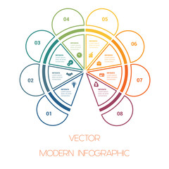 Template of colorful semicircle from lines for infographics  with text areas on  8 positions