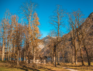 Fototapeta premium Beautiful autumn view at the famous Koenigssee-Bavaria-Germany