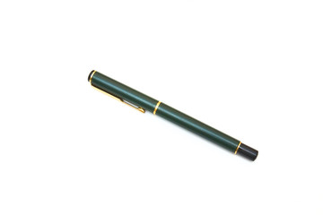 feather dark green with a cap, on a white background. view from above. a pen.