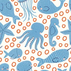 Behang Naadloze oceaan dieren vector terugkeerpatroon met zeehonden, zeesterren, walvissen octopus, zeepaardje, narwallen en kwallen © Mindy