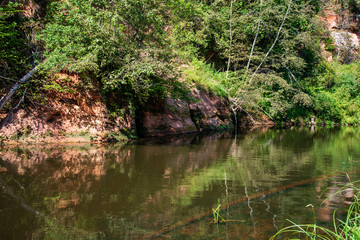 Obraz premium summer day on water in calm river enclosed in forests with sandstone cliffs and dry wood
