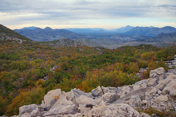 Fototapeta na wymiar Cloudy autumn day in the mountains. Dinaric Alps, Bosnia and Herzegovina, Republika Srpska