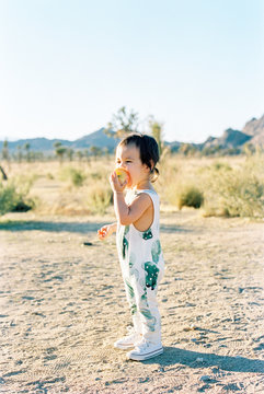 Baby eating apple in desert