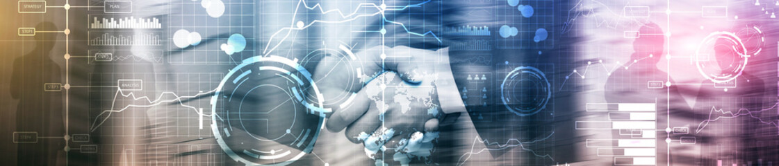 Business digital interface with graphs, charts, icons and timeline on blurred background. Website header banner.