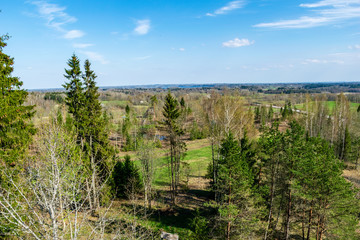 Obraz premium plain simple countryside spring landscape with fresh green meadows and forests