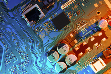 Electronic circuit board close up.