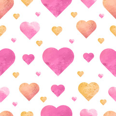 Seamless pattern with pink and orange hand drawing hearts. Vector illustration.