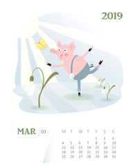 Calendar 2019. Cute March month cartoon calendar with pig character