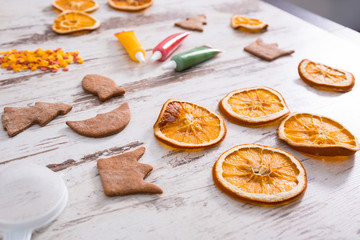 Gingerbread cookies with icing decorations for Christmas