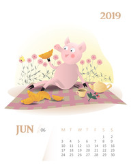 Calendar 2019. Cute June month cartoon calendar with pig character.
