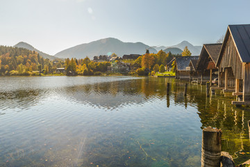 Idyllic autumn scene in Grundlsee lake. Location: resort Grundlsee, Liezen District of Styria, Austria, Alps. Europe.