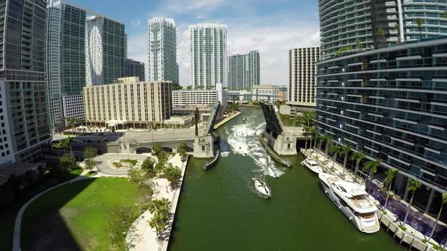 Miami Brickell Drawbridge Aerial Fly West & Boats