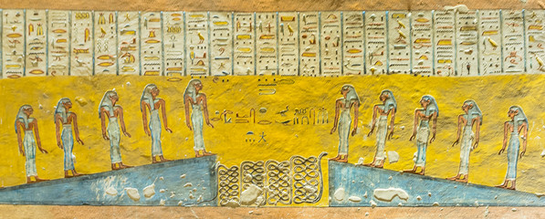 Ancient egyptian mural of  ten girls