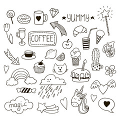 Set of sweet childish doodles. Black and white vector clipart.