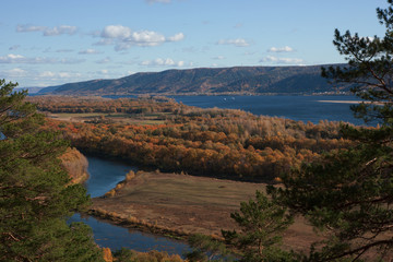 Naklejka premium View on the Volga river and Zhiguli hills. The Autumn.