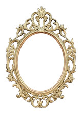 Openwork oval golden colored frame isolated on white backdrop