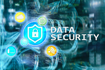 Data security, cyber crime prevention, Digital information protection. Lock icons and server room...