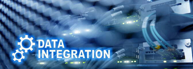 Data integration information technology concept on server room background.