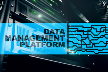 Data management and analysis platform concept on server room background.