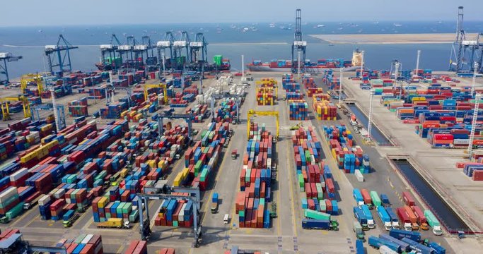 JAKARTA, Indonesia - November 28, 2018: Hyperlapse Of Tanjung Priok Industrial Port With Container Yard And Cargo Ship, Jakarta, Indonesia. Shot In 4k Resolution