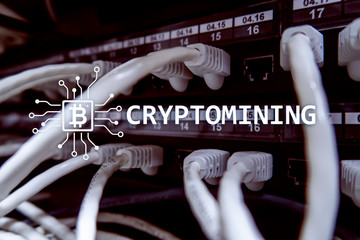 Cryptocurrency mining concept on server room background.