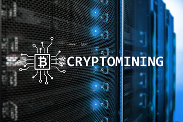 Cryptocurrency mining concept on server room background.